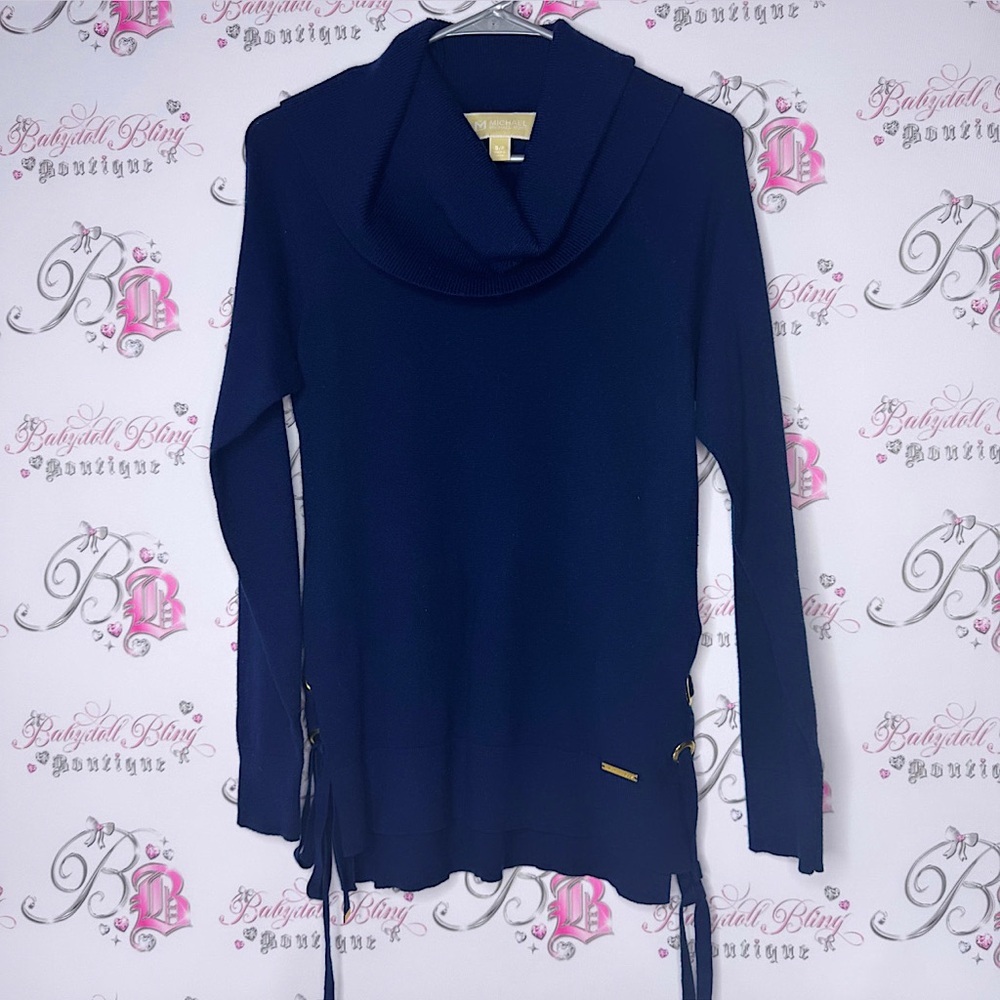 Michael kors sweater corset lace up sides navy blue gold accents pull over cozy